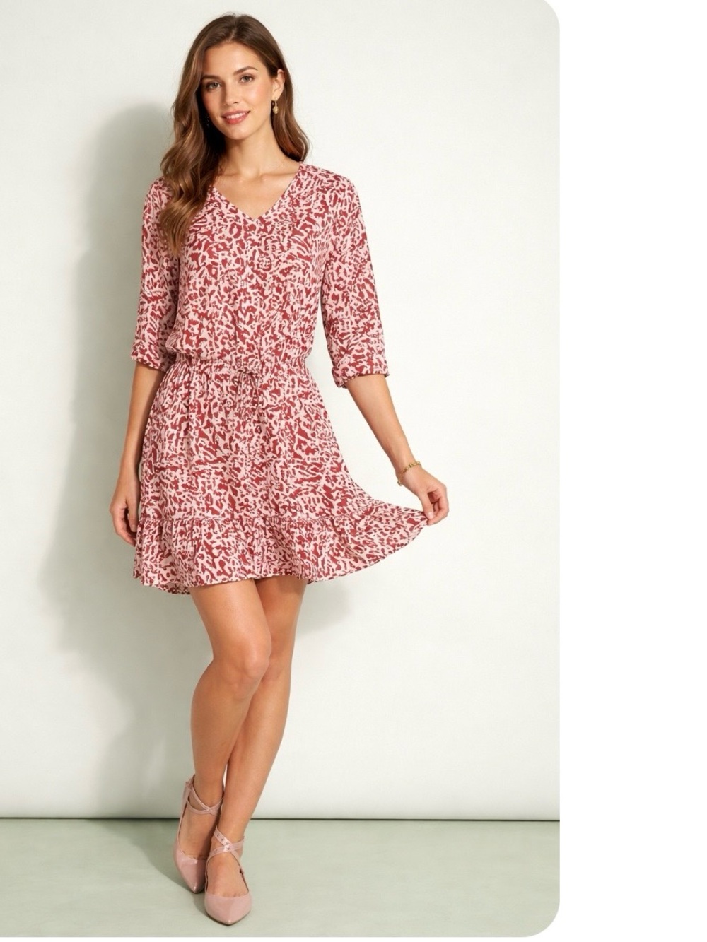 CAbi 5406 Sienna Boho Pink Leopard Print Ruffled Hem Shirt Dress Size Medium